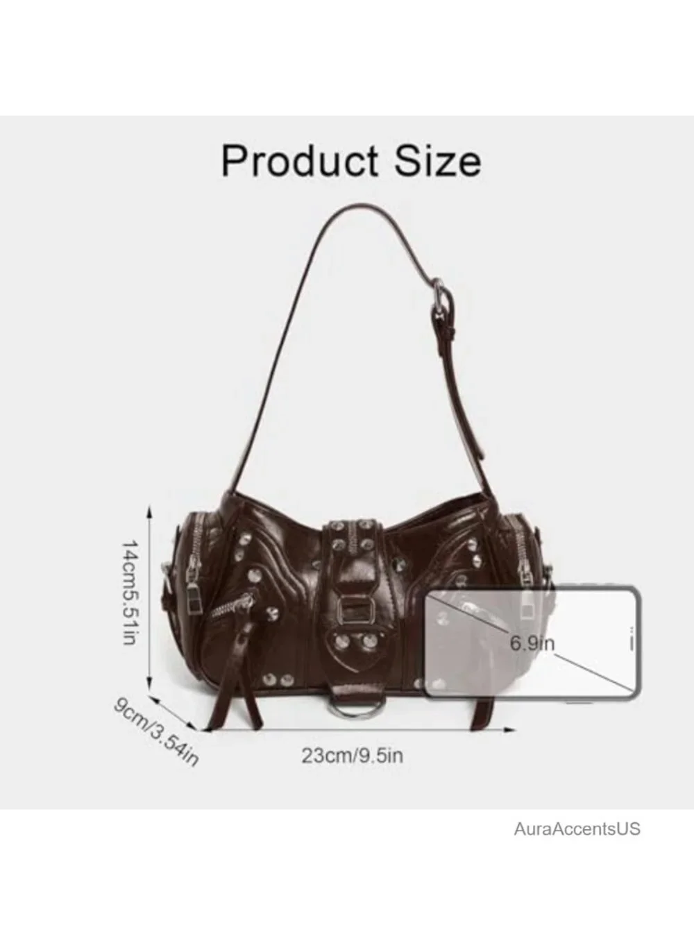 Y2K Studded Faux Leather Hobo Shoulder Bag with Buckle Flap Closure